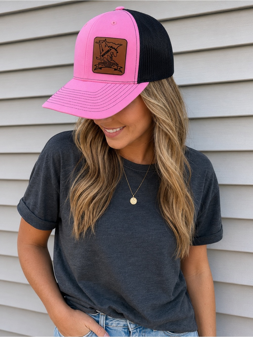 Richardson 112 Trucker Hat Pink/Black Minnesota High School Rodeo Leather Patch